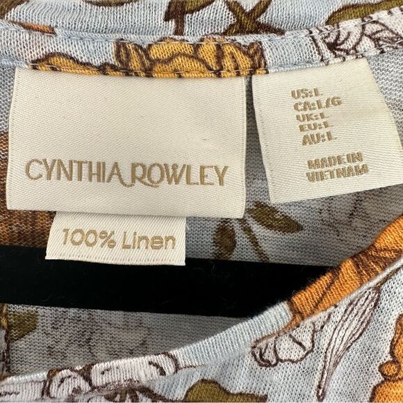 CYNTHIA ROWLEY Linen Floral Tee Large Button Down Back Short Sleeve Boho - Picture 2 of 8